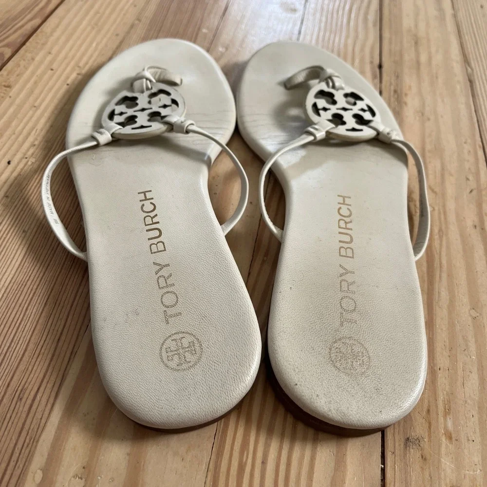 Tory Burch Miller Sandal Cream Leather Logo Thong Flats Women 9 Off White slipon